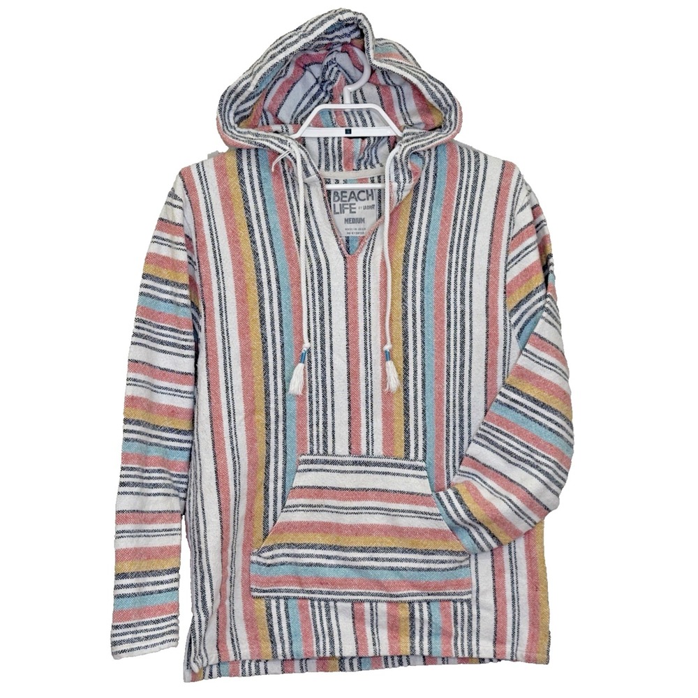 Beach Life by Ladrft Hoodie Sweatshirt Size Medium Baja Cali 100% Cotton Striped